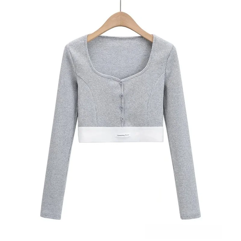 Slim Fit V-Ne T-irt Color Blo Elastic Waist Tag Long Sve ort Length Street Sle Pure Color Body a Base irt