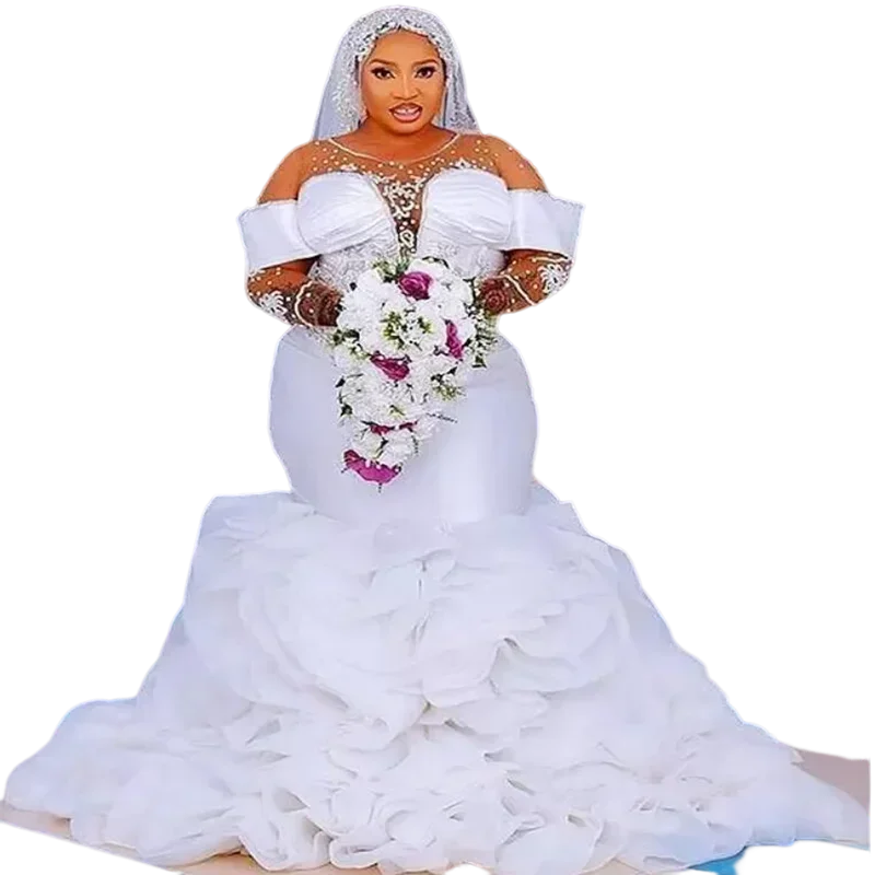 Personalizado frisado colher pescoço sereia vestidos de casamento vestidos de noiva plus size em camadas babados mangas compridas vestido de noiva