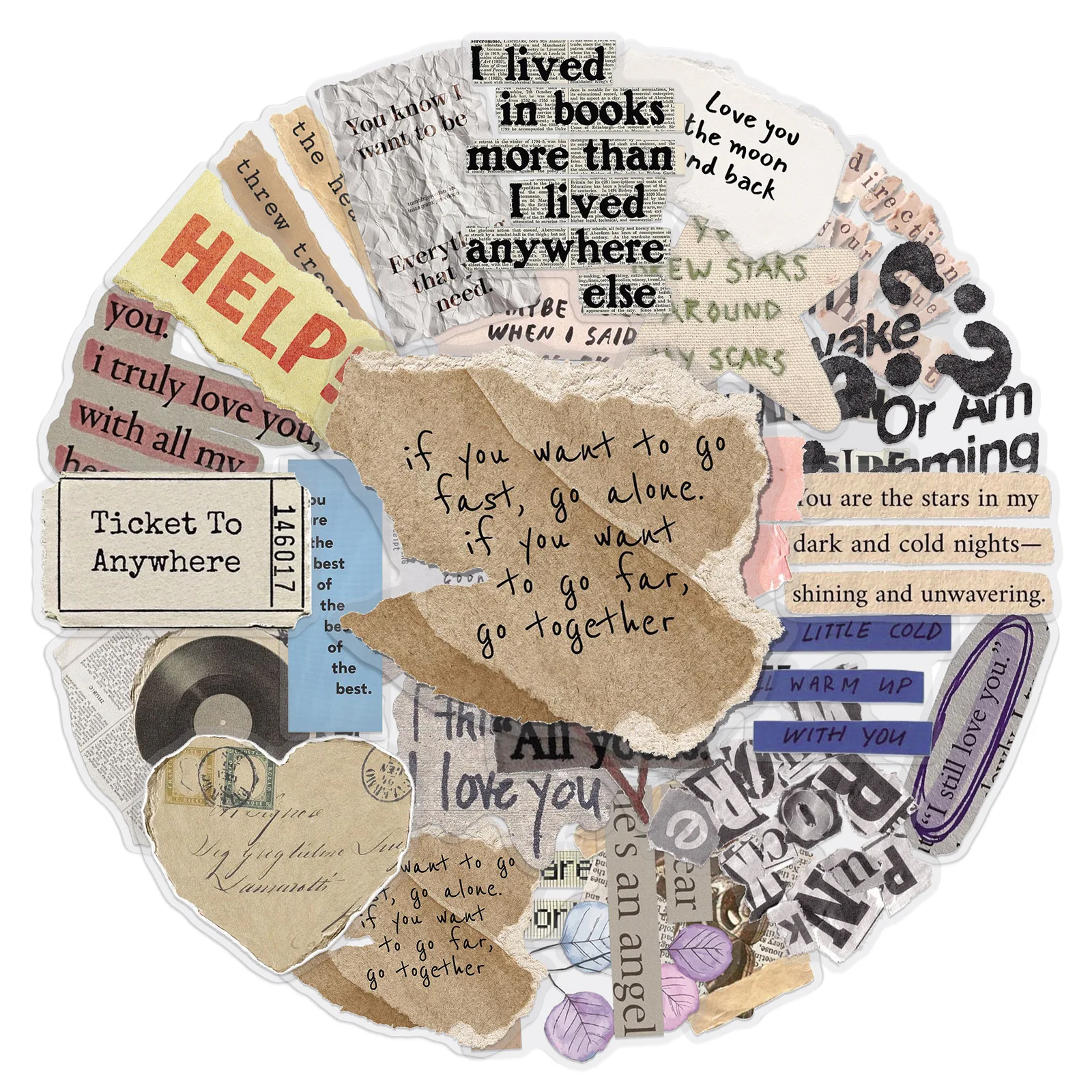 50PCS Vintage Literarische Collage Fragmentierter Text Doodle Aufkleber DIY Telefon Notebook Gitarre Wasserdicht Ästhetische Literarische Aufkleber