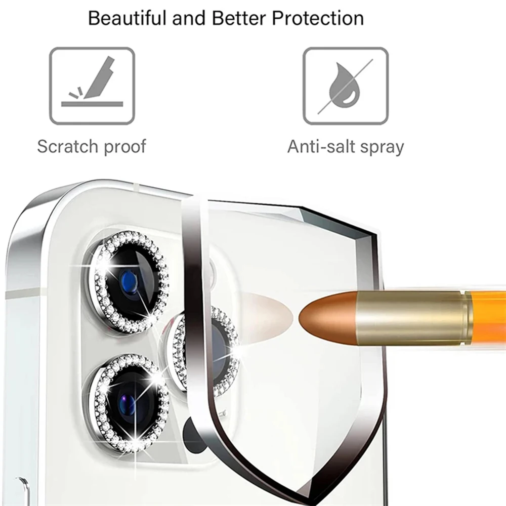 Diamant Glitter Kamera Schutz für iPhone 15pro max 14 13Mini 15plus Objektiv gehärtetes Glas auf iPhone 13 12 Pro Max Metallring
