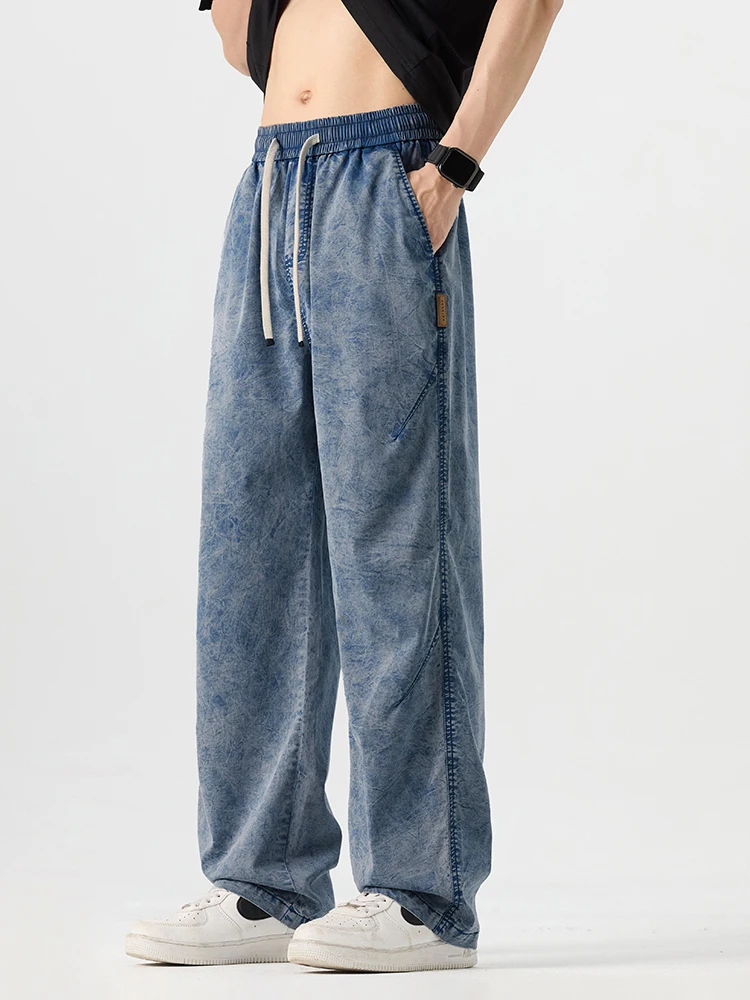 

KSTUN Men's Lyocell Jeans Loose Straight Cut Elastic Drawstring Waist Wide Leg Denim Pants, Casual Streetwear Trousers Snow Wash