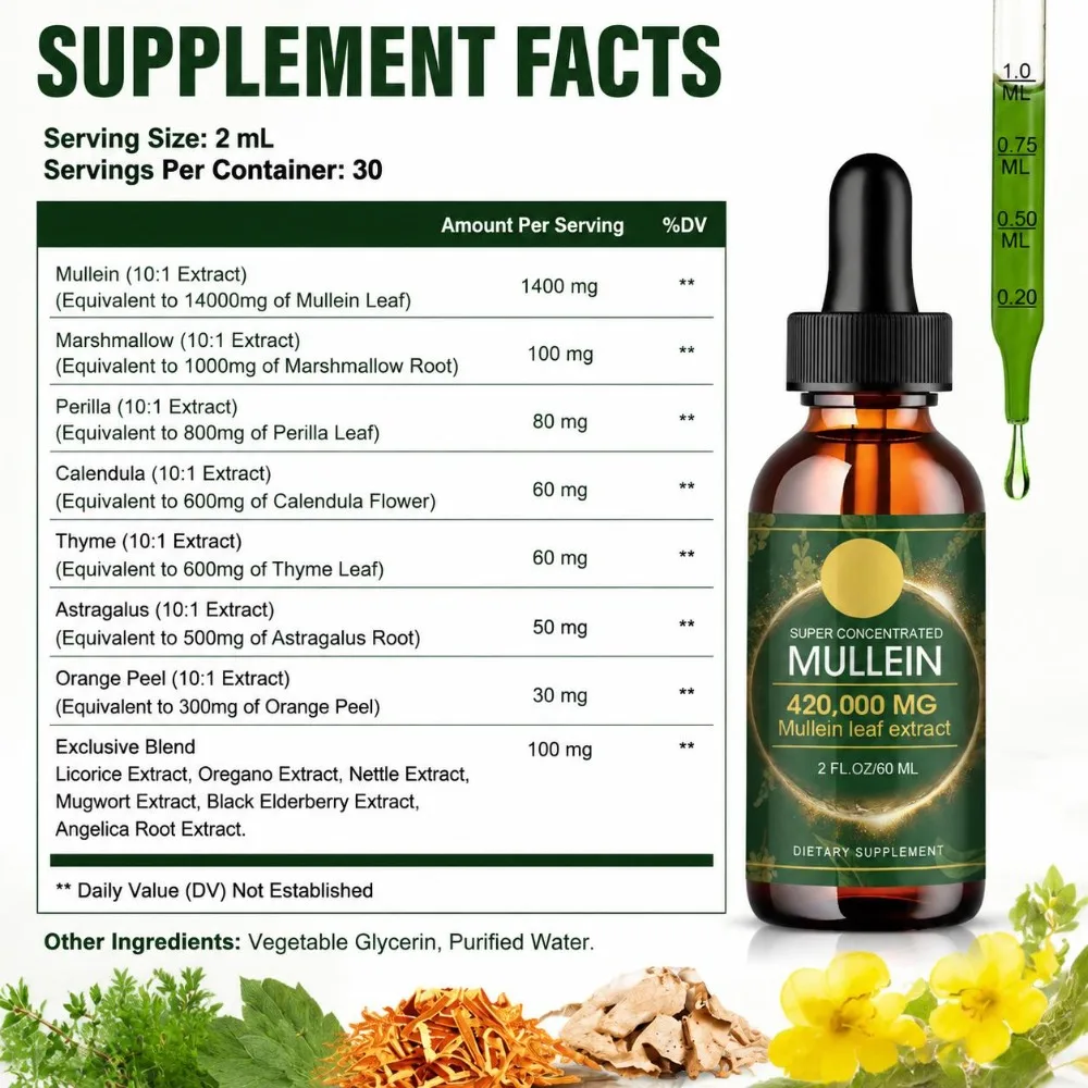 Mullein Leaf Extract Drops 60ml - Super Concentrated 10:1 with Marshmallow Calendula Thyme - Daily Herbal Support Non-GMO Vegan