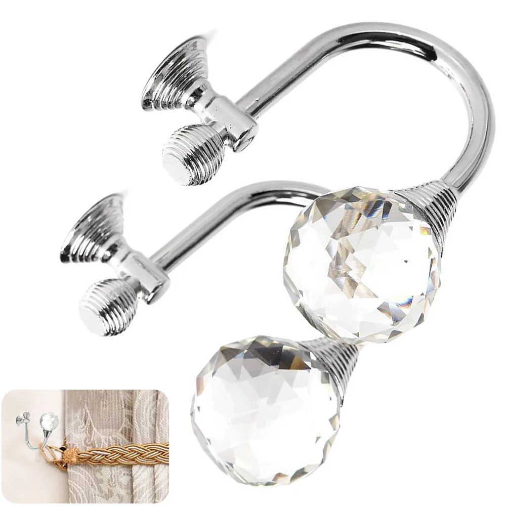 

2 pcs Clear Crystal Curtain Hooks Wall Mounted Silver Holdbacks For Living Room Decor Tassel Hanger Multi Use Coat Clothing