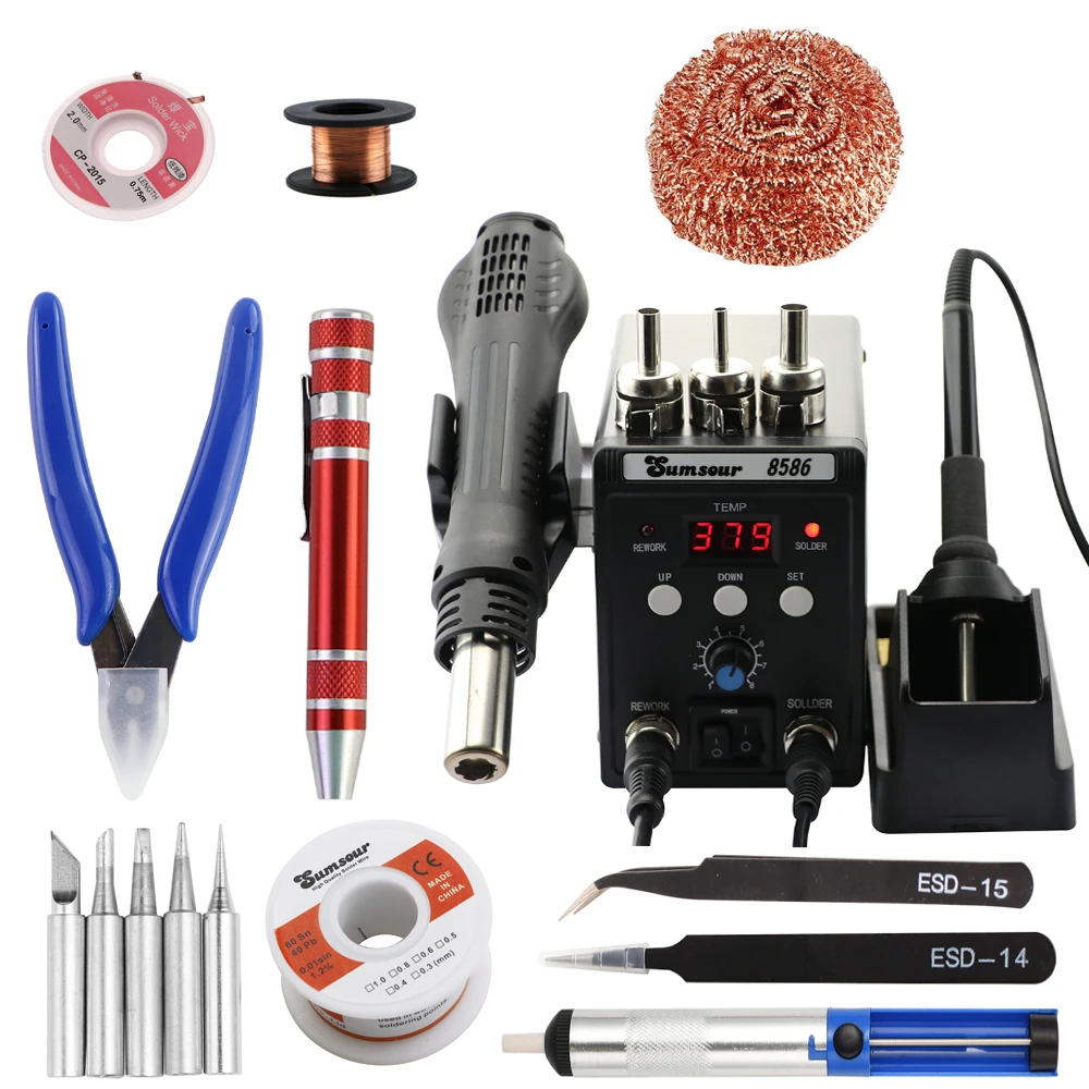 8586 Soldering Station 2 in 1 Digital Display SMD Rework Hot Air Gun Solder Iron 220V ESD Welding Desoldering Repair Tools