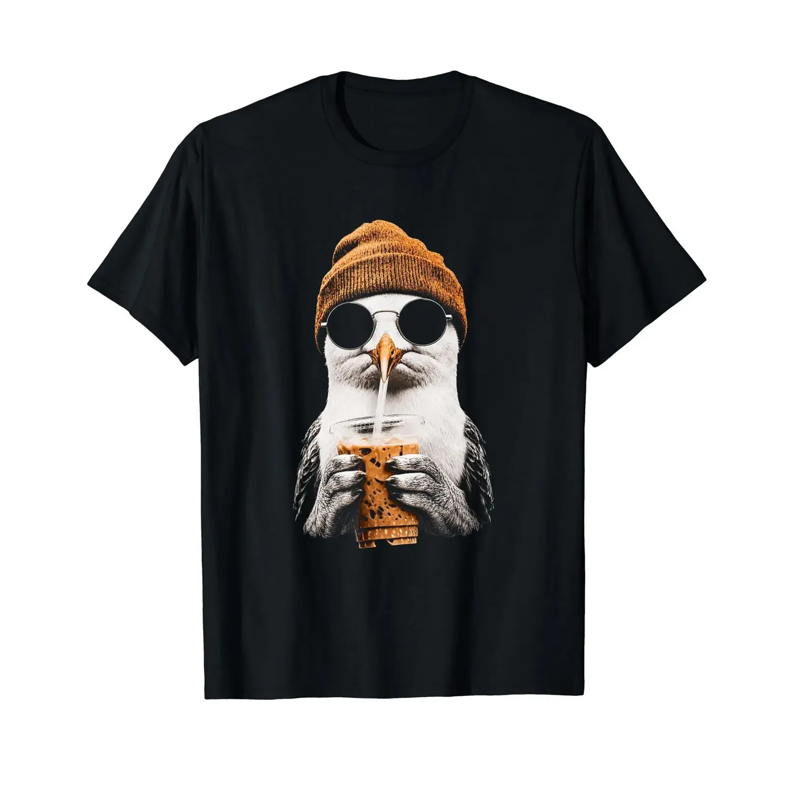 Möwe trinkt Eiskaffee Lustiges Hipster-Vogel-Grafik-T-Shirt, preiswert, Vintage-Waschung, atmungsaktiv, dehnbar, leicht lässig