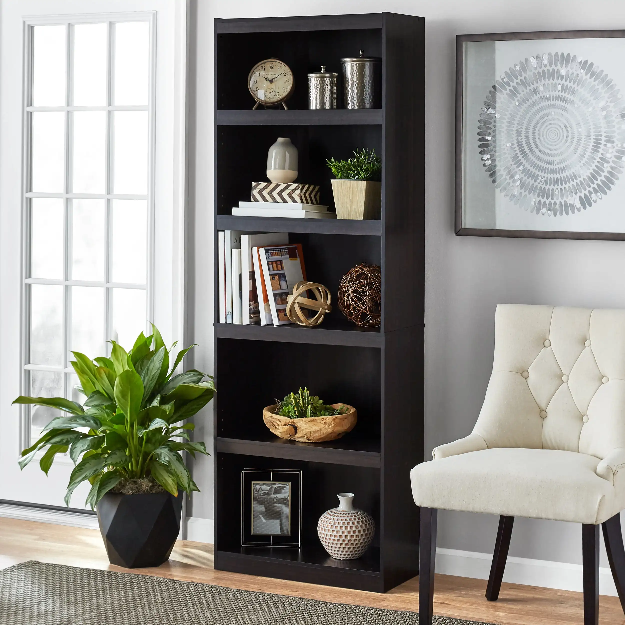 

Framed 5-Shelf Bookcase with Adjustable Shelves, Espresso