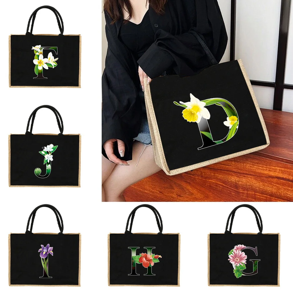 

Flower Color Letter Pattern Travel Storage Women Tote Bags Large Capacity Shopping Bag Lightweight Handbag Portable Shoulder Bag