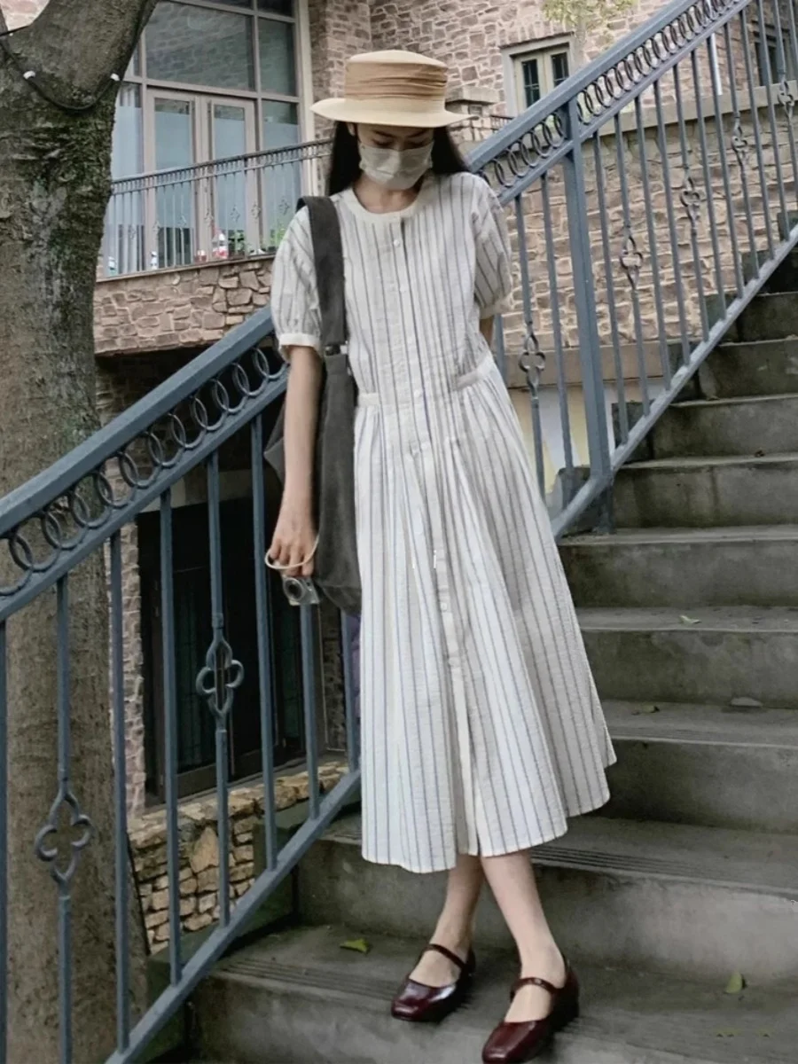 

ROUJE KEFSS Summer 2024 Women's Shirt Dress Slim Stripe Bubble Sleeve Elegant Long Dress plus Size Ladies Fashion