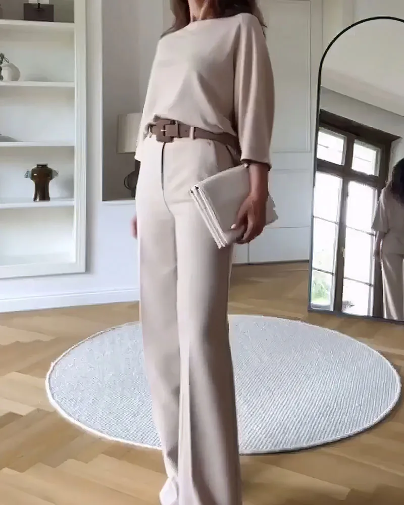 Deioao Office 2-piece Set Tops And Pants For Women\'s Summer Halft Sleeve Beige Slim Elegant Fashion Female Clothing Wide Pant