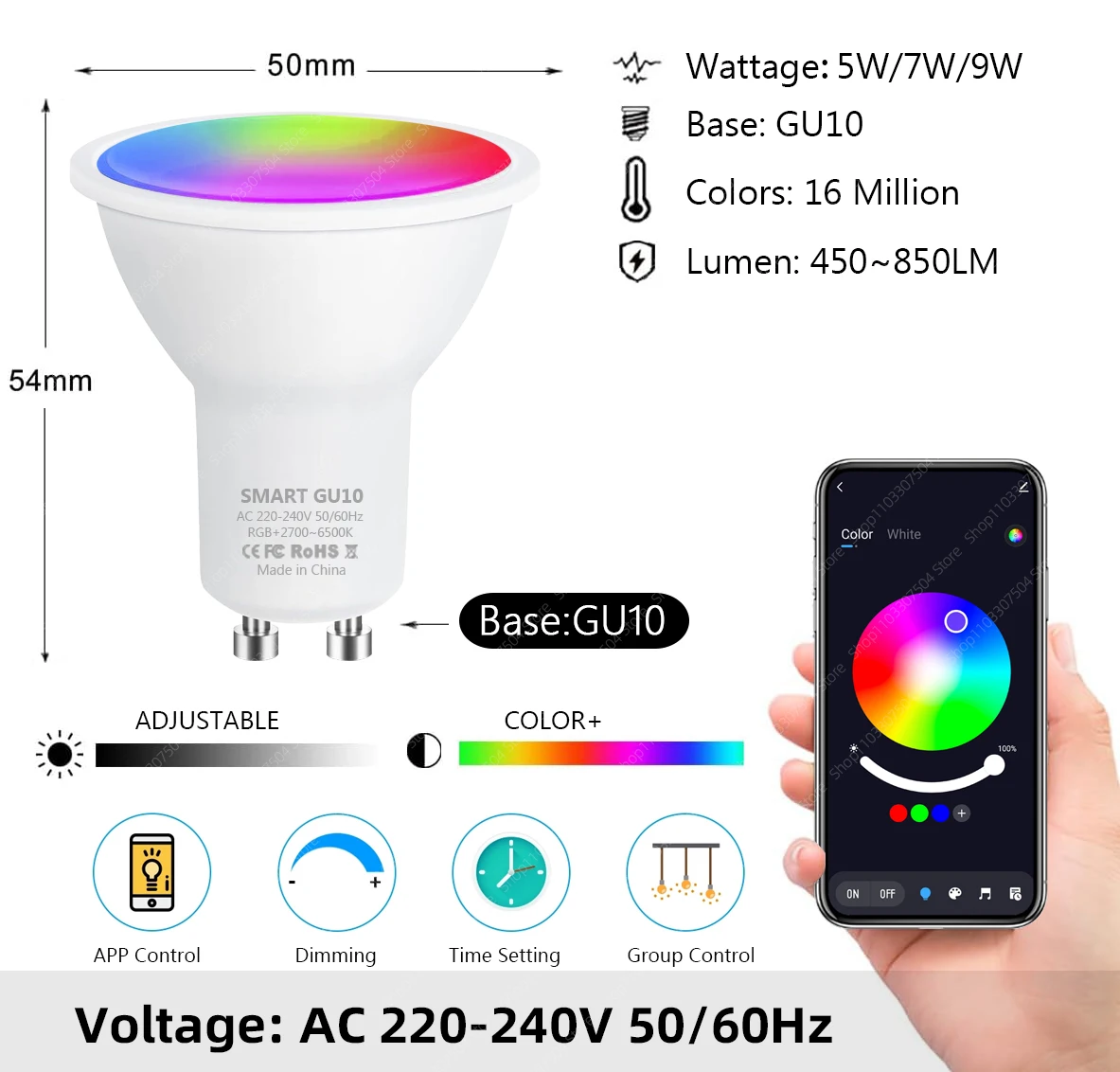 스마트 라이프 블루투스 와이파이 LED 전구, 밝기 조절 투야 앱 그룹, 알렉사 구글 홈 음성 제어, 타이밍 스포트라이트, GU10 RGB 220V
