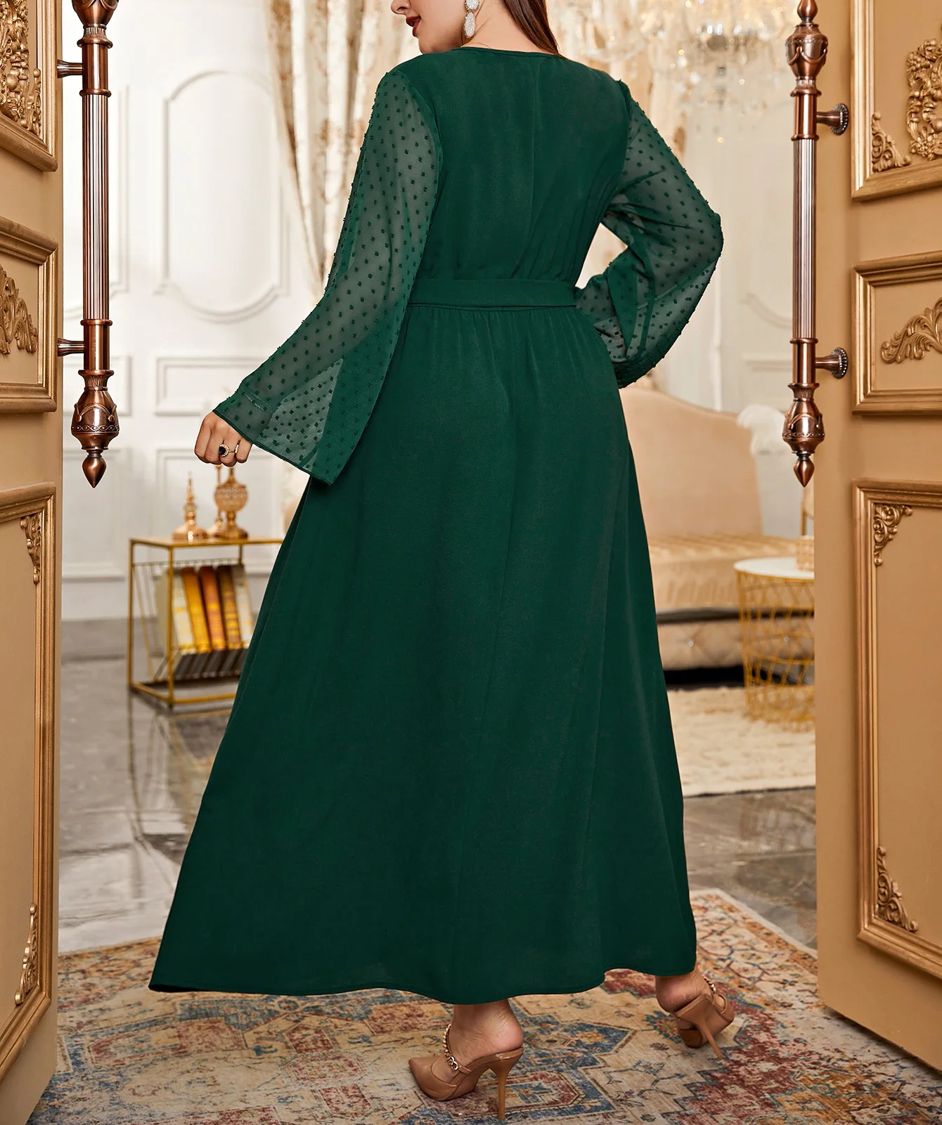 فستان أنيق برقبة على شكل حرف V وأربطة وأكمام طويلة من الشيفون مقاس كبير باللون الأخضر