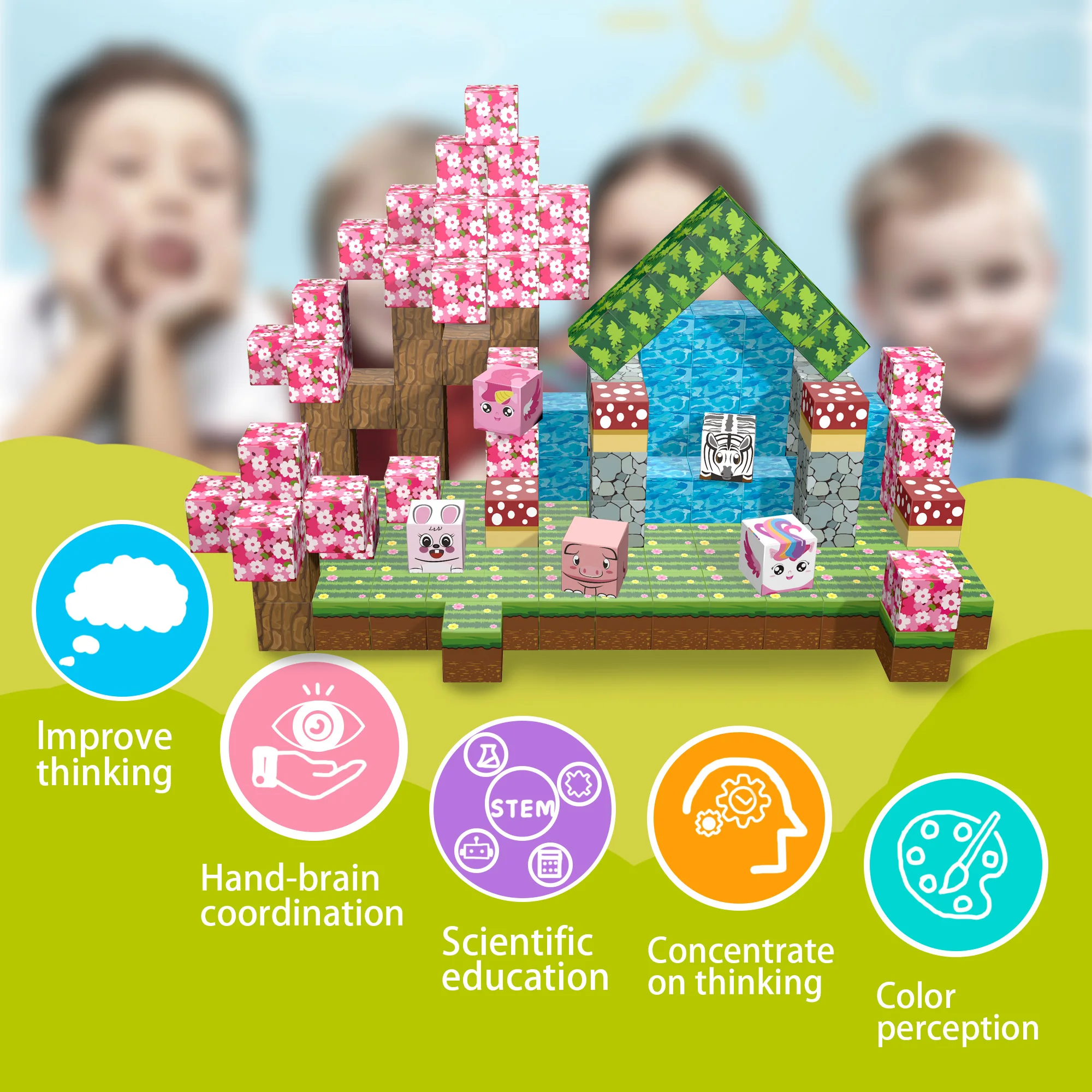 مجموعة مكعبات بناء مغناطيسية من ساكورا مكونة من 107 قطع مع حيوانات لطيفة، ألعاب جذعية تحت عنوان زهر الكرز للأطفال من سن 3 إلى 8 سنوات، تعليمية