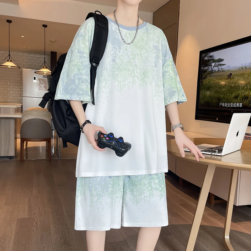 【Top 5-Point Pants】Men's T-Shirt Set New Summer Fashion Tie-Dye Street Fashion Sports Casual Daily Outing Comfortable Loose Suit view 2