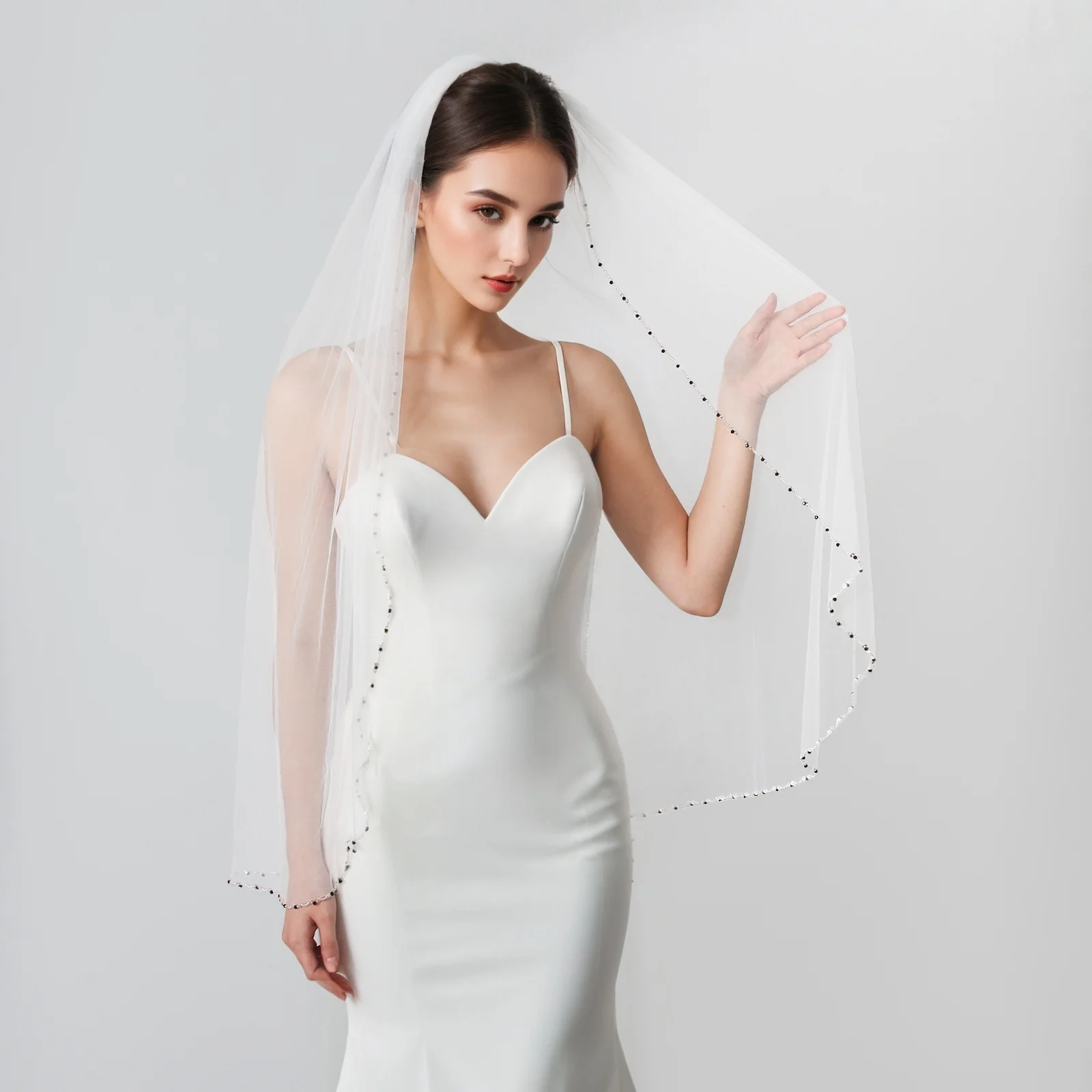 

Fingertip Length Bridal Veil with Comb Hand-Sewn Black White Crystal Sequin Edge Exquisite Soft Tulle Wedding Hair Accessories