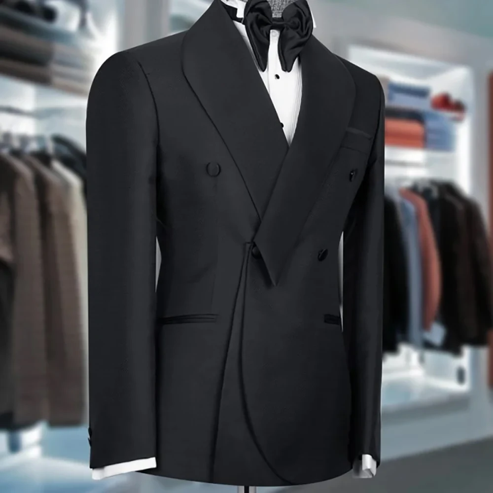 

Black Suits For Men Shawl Lapel Formal 1 Piece Jacket Double Breasted Business Casual Groom Wedding Party Custom Made Blazer