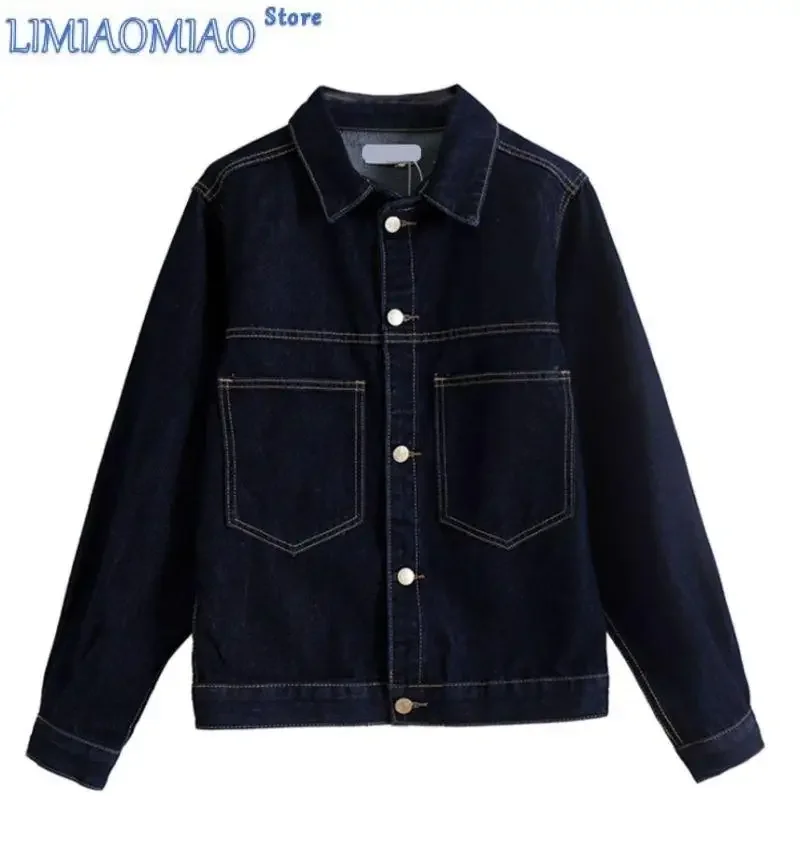 New Navy blue denim lapel jacket Women's spring autumn jacket coat Korean casual fashion loose shorts denim Jacket woman