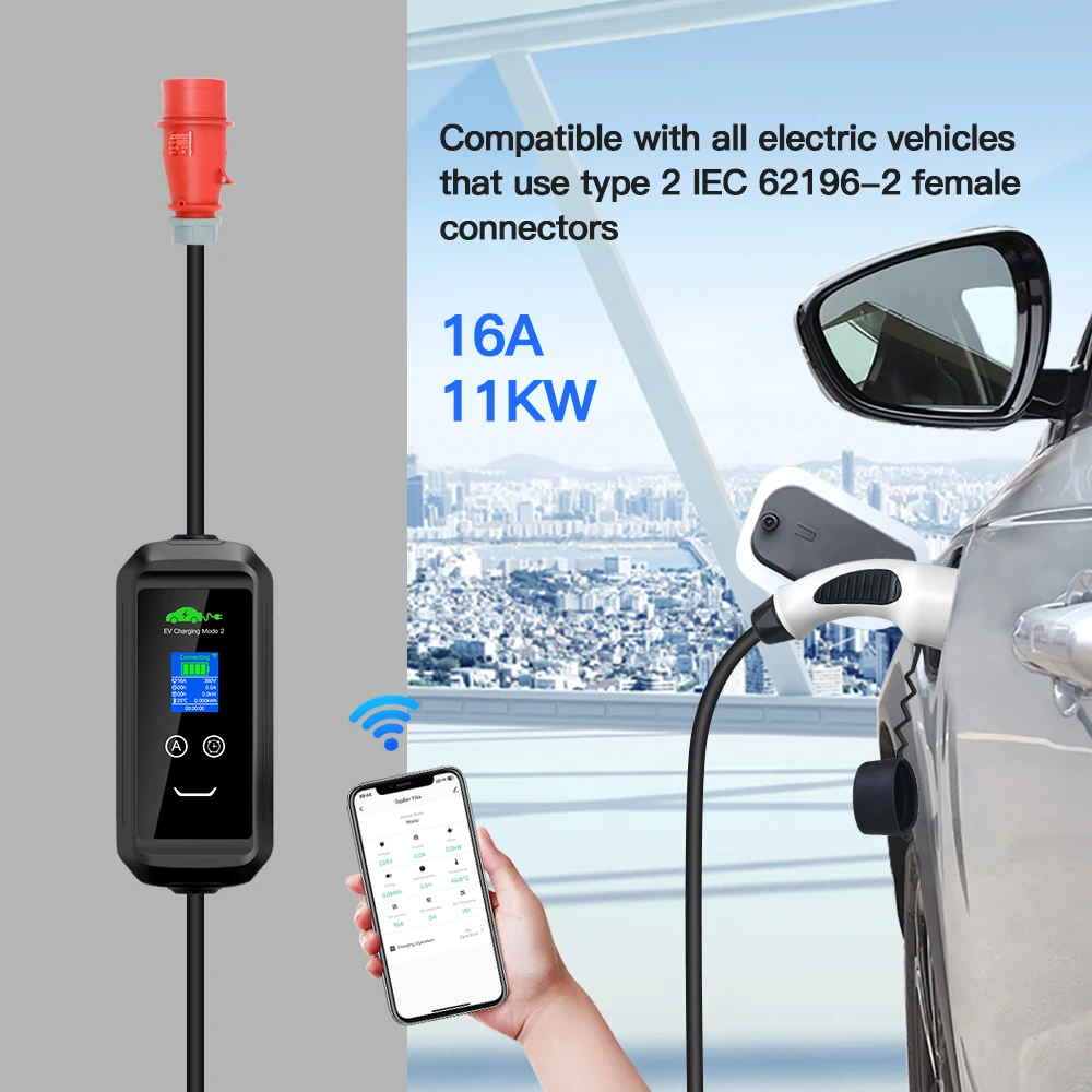 Cargador EV móvil de 16a y 11kW, dispositivo con aplicación Wallbox, Bluetooth, Wifi, ajuste de tiempo de carga para vehículos híbridos eléctricos, longitud de 5M