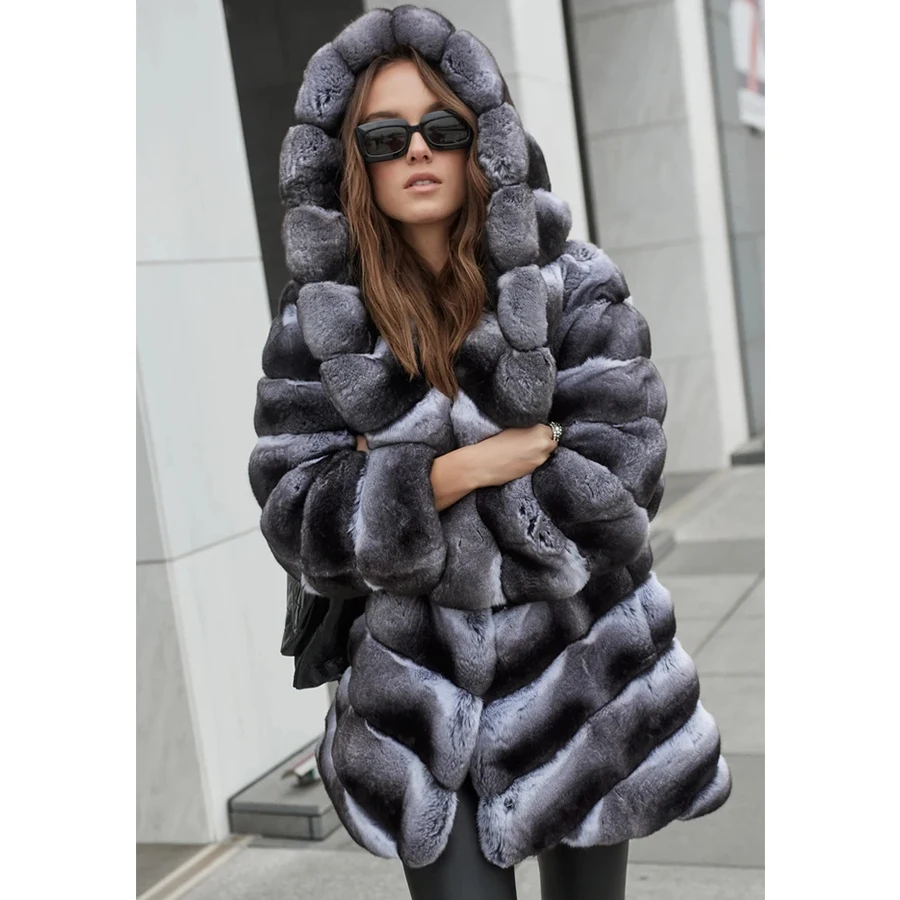 Casaco de Chinchilla para mulheres, Casaco Real Rex Rabbit Fur, Marcas luxuosas, Casaco de inverno quente com capuz