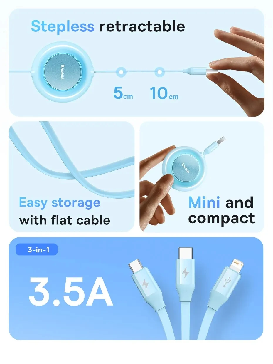 Baseus 3 in 1 Retractable USB Cable for iPhone Charger Fast Wire Charging Cable For Android Phone Type C For Xiaomi Samsung