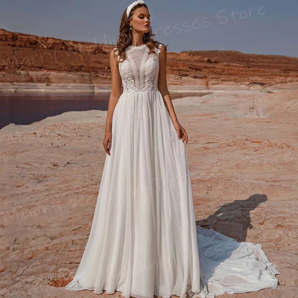 Generoso affascinante una linea abiti da sposa da donna semplici Appliques di pizzo abiti da sposa classici abiti da spiaggia senza maniche De Novia