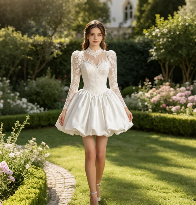 Simple Bubble Mini Short Wedding Dress A Line Soft Satin Civil Boho Bridal Dresses 2026 High Neck Long Sleeve Elopement Beach