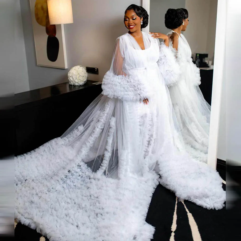 White Bridal Dress Ruffles Puffy Tulle Maternity Dresses for Photoshoot Women Bridal Robe Pregnancy Long Sleepwear Nightwear