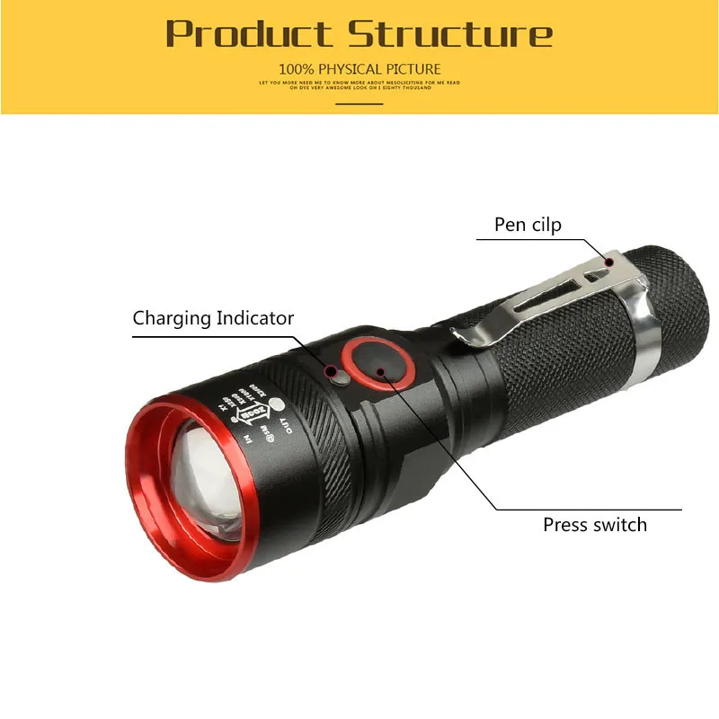 Lampe de poche zoomable aste par USB, lampe torche LED, lanterne, étanche, vélo, 18650