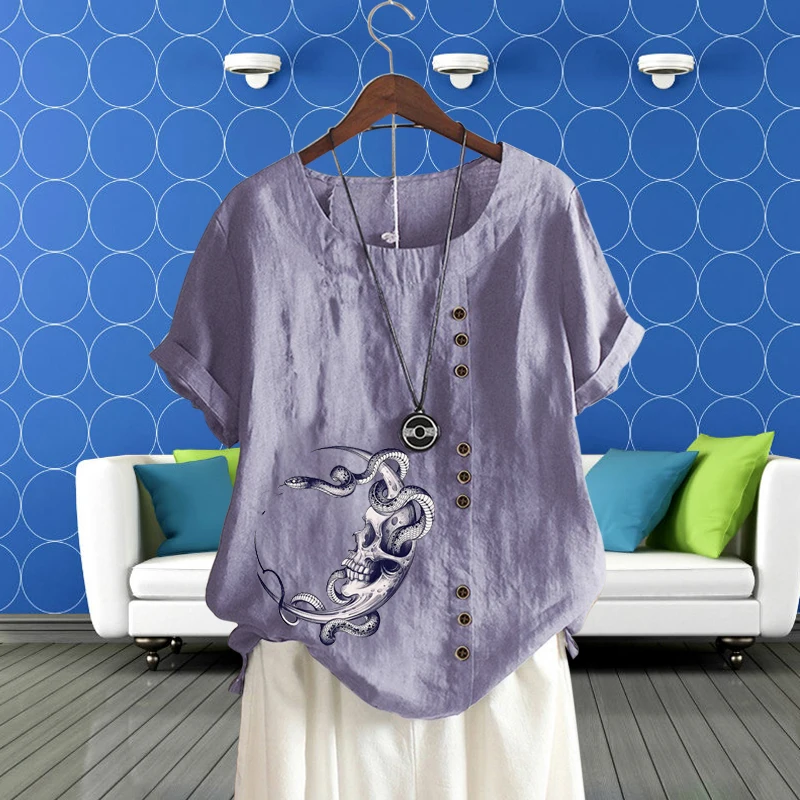 Camiseta con estampado de cuello redondo para mujer, ropa informal holgada de lino y algodón, jersey de manga corta con patrón de Calavera, Top para verano