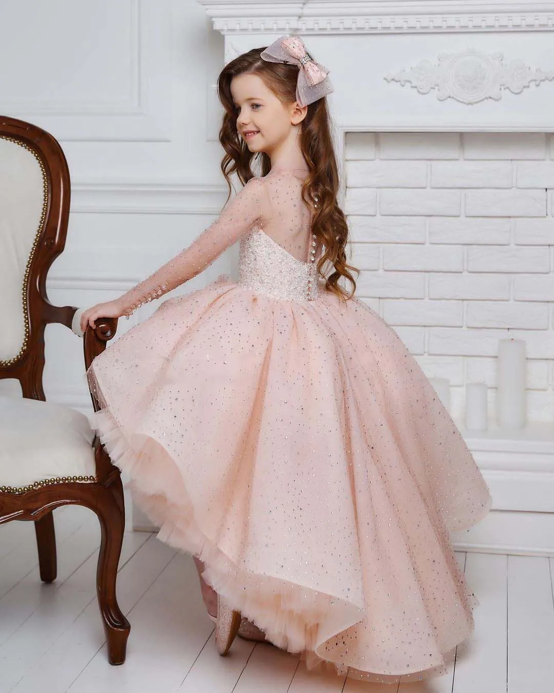 

Pink Puffy Flower Girl Dress for Wedding Tulle Sequins Full Sleeves Kids First Communion Pageant Party Birthday Ball Gown