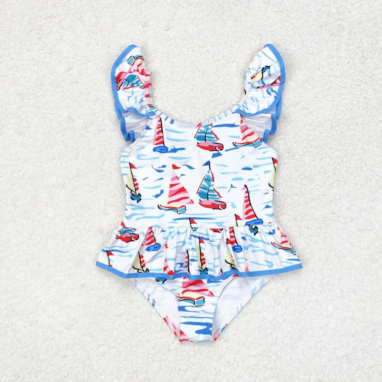 New Fashion White One-Piece Swimsuit with Sailboat Blue Bow Wholesale Boutique Children Beach Clothes