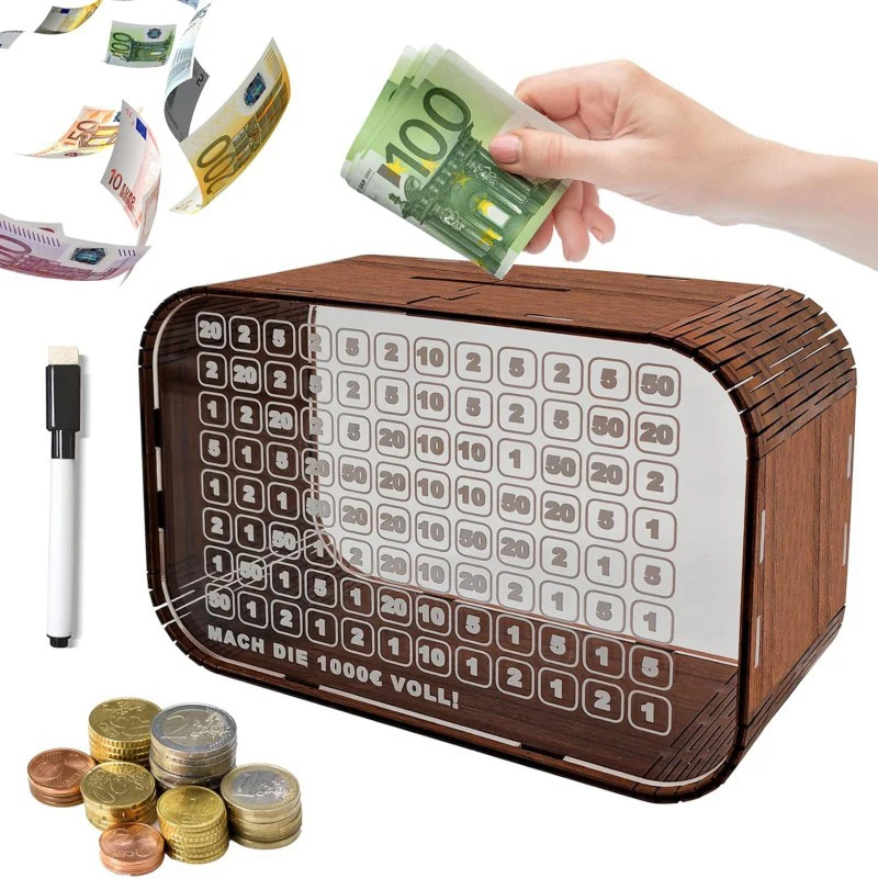 Transparent Acrylic Cash Saving Box 1000 EUR Wooden Bank Cash Saving Money Box With Counter