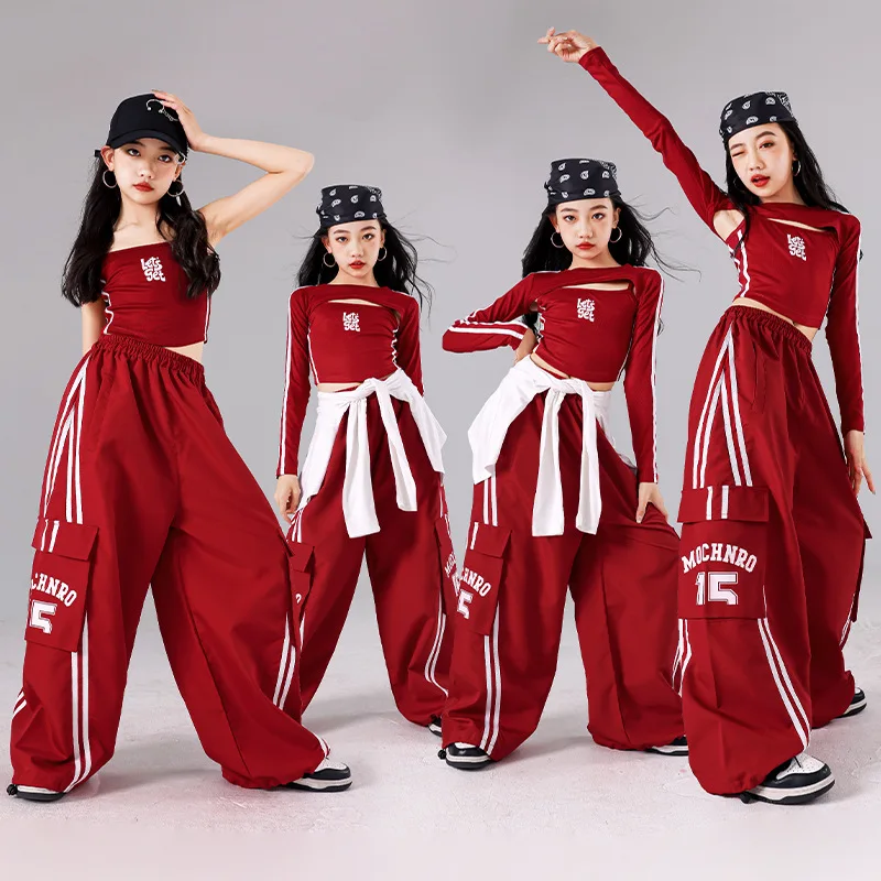

Girls K-pop Crop Top Joggers Cargo Pants Children Hip Hop Streetwear Girl Group Clothes Sets Kids Street Dance Jazz Costumes