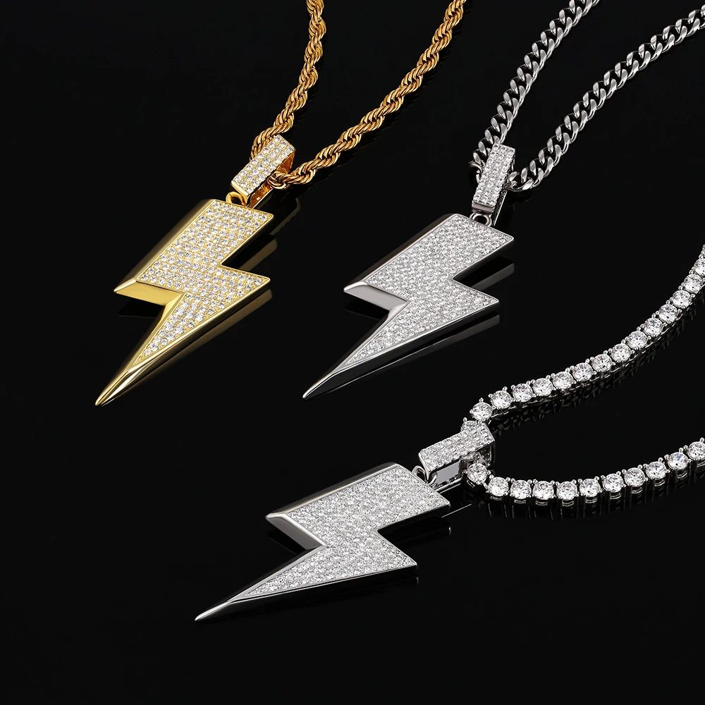 KRKC Drop Shipping 18k Gold Plated Thunder Flash Jewelry Bling Iced Out CZ Diamond Lightning Bolt Necklace Pendant