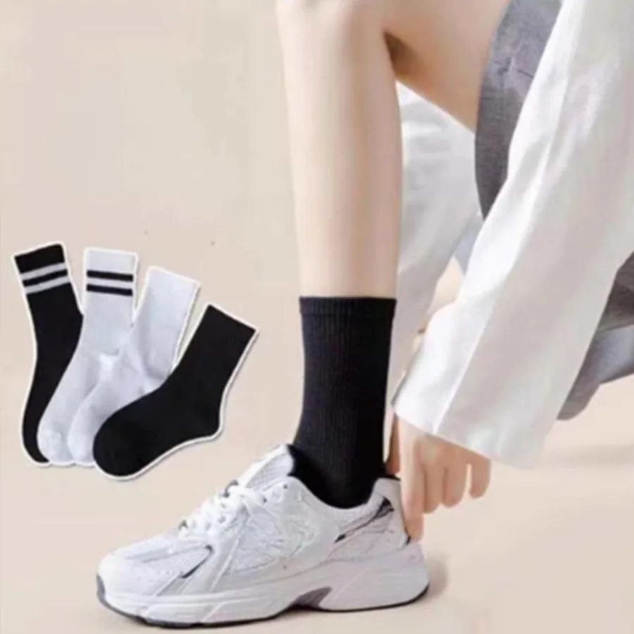 

4 Pairs New Thin Breathable Men's and Women's Middle Socks Striped Sports Two Bars Sweat Absorbing Solid Color