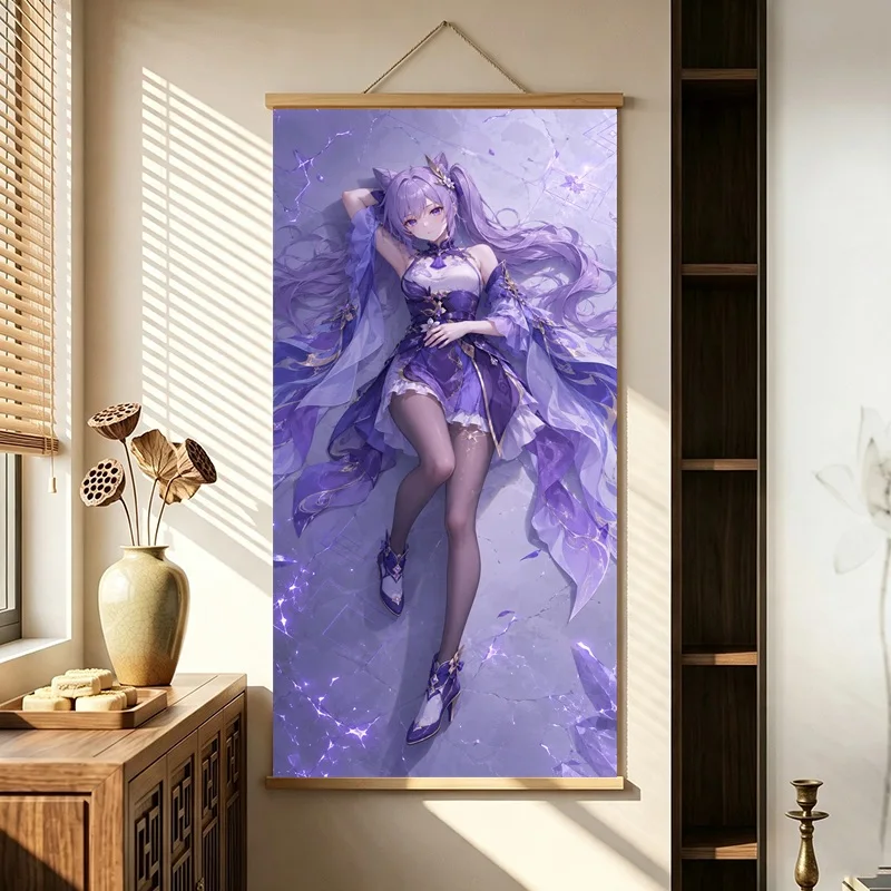 Genshin Impact Hanging Scroll with Anime Women in Ornate Fantasy Outfits and Deep Blue and Violet Tones for a Bedroom