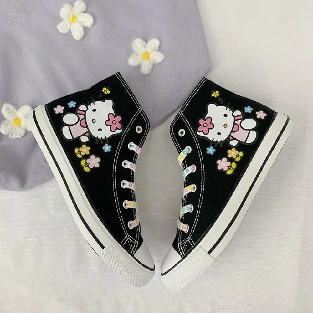 Kawaii Sanrio Hello Kitty Women High-Top Canvas Flat Shoes Spring Autumn Lace-Up Sport Shoes Non-Slip Sneakers Zapatos De Mujer