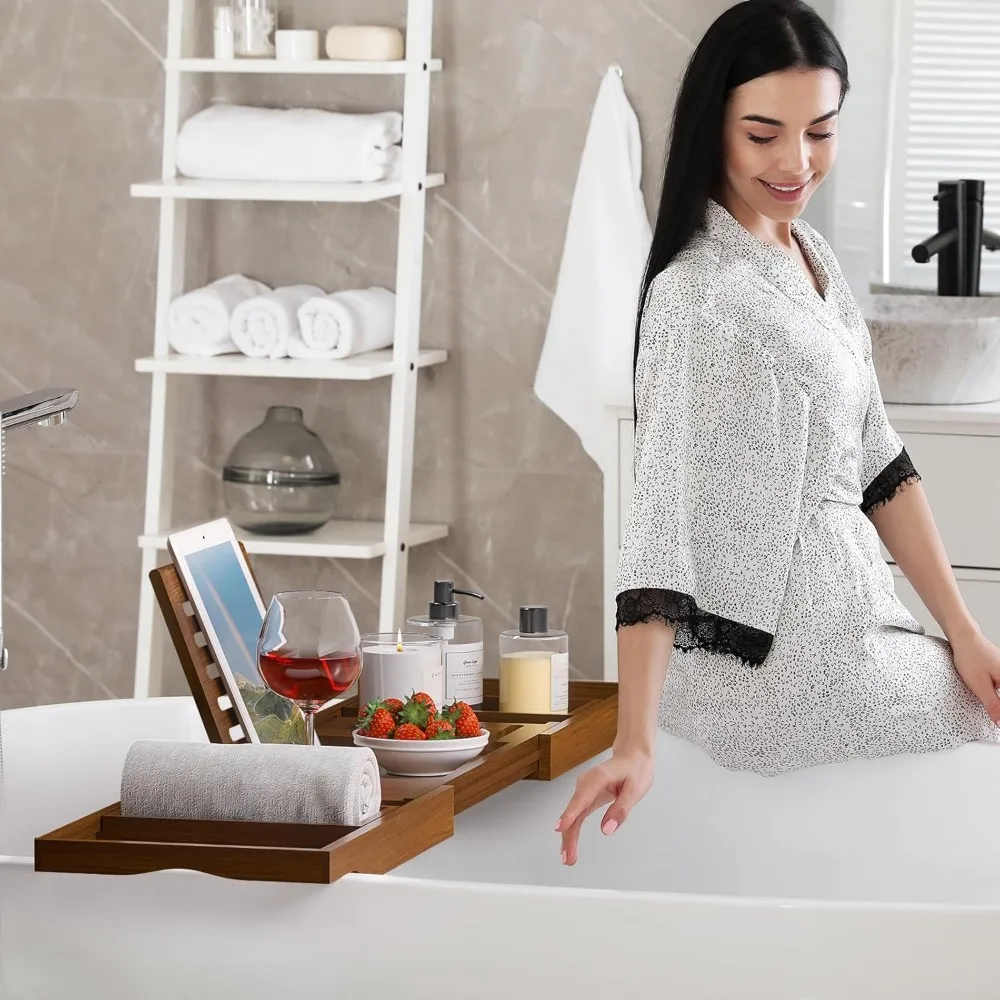 Uitbreidbaar teakhouten badkuipblad met telefoonsleuf en wijnglashouder - Luxe badaccessoire voor spa-liefhebbers en cadeaulieren