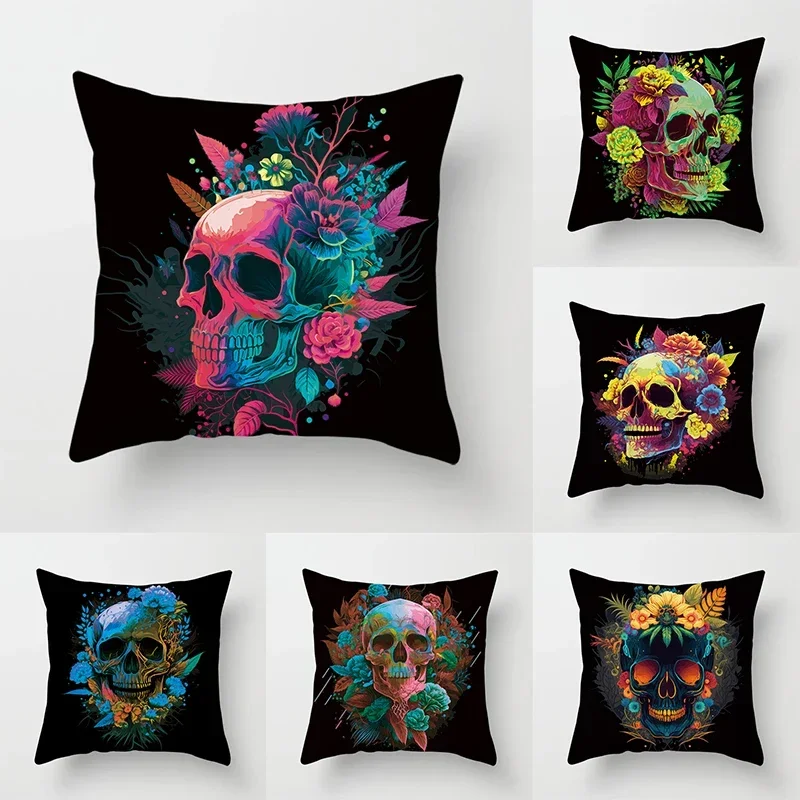 Colorful Skull Fashion Set Decorative Printing Square Pillowcase Car Sofa  Cushion Cover Home Improvement