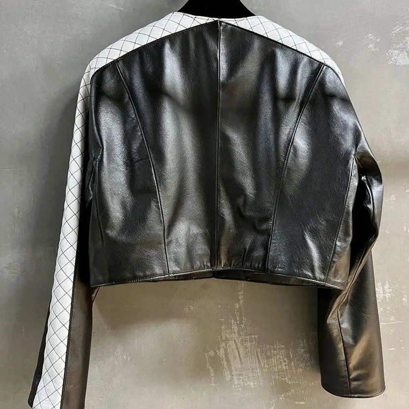 Genuine leather jacket new small fragrant style, cowhide, oil wax leather, diamond grid, pressed line, shoulder length