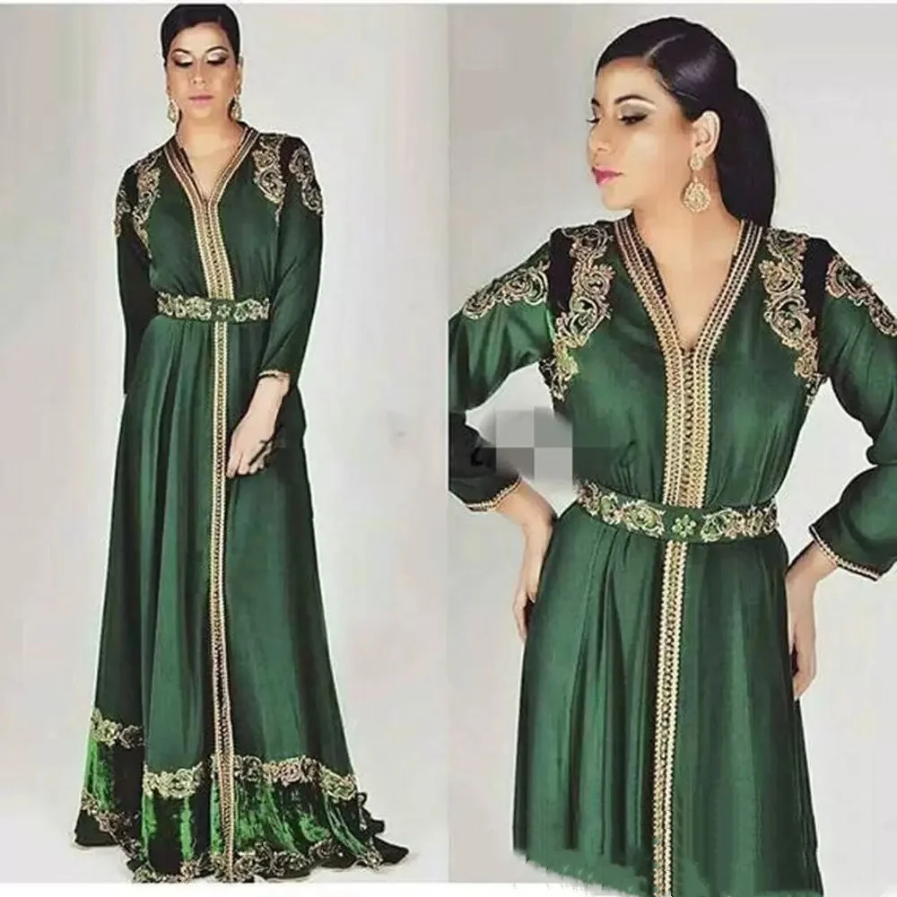 Smaragdgrüne marok kanis che Kaftan Langarm Abendkleider nach Maß Golds tickerei Kaftan Dubai Abaya arabische Abendkleid ung Gow