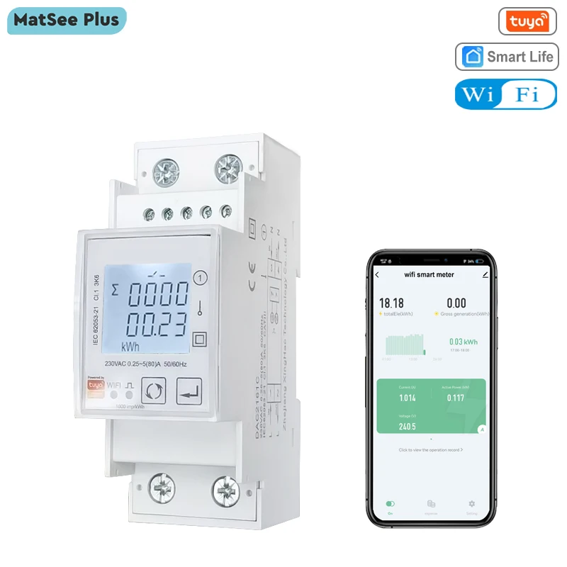 Wifi Slimme Energiemeter Multi-Tarieven Eenfase 80a Tuya Slimme App Monitor Wattmeter Voltmeter Ampère 110V 240vac