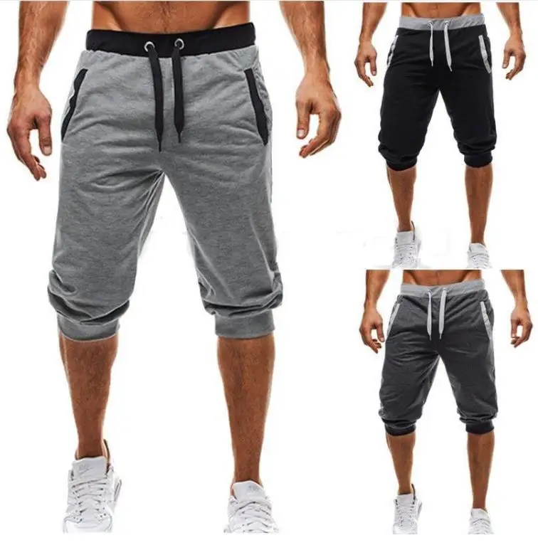 2024 New Solid Color Capri Pants Elastic Waist Men Drawstring 3/4 Length Cropped Trousers Sweatpants