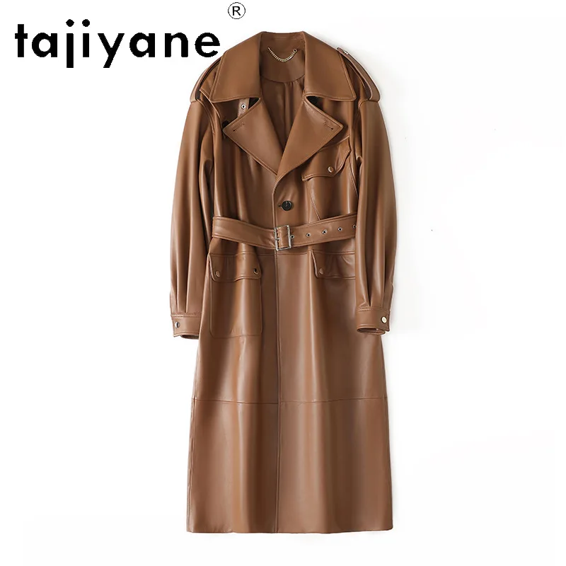 TAJIYANE Sheepskin Autumn Winter Trench Coat Genuine Leather Jacket Women Oversized Motorcycle Jackets New Long Outerwear 120cm