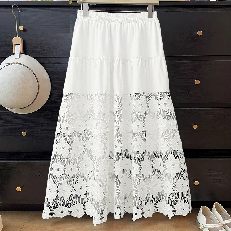 ZANZEA Mode Overrokken 2023 Herfst Vrouwen Kant Patchwork Maxi Rokken Casual Hoge Taille Lange Faldas Elegante Ruche Lange Bodem