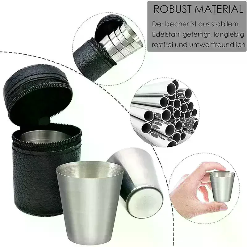 /TPz/30ML Stainless Steel Cups Set Outdoor Portable Glass Set With Leather Case Mini Glasses 4pcs/set