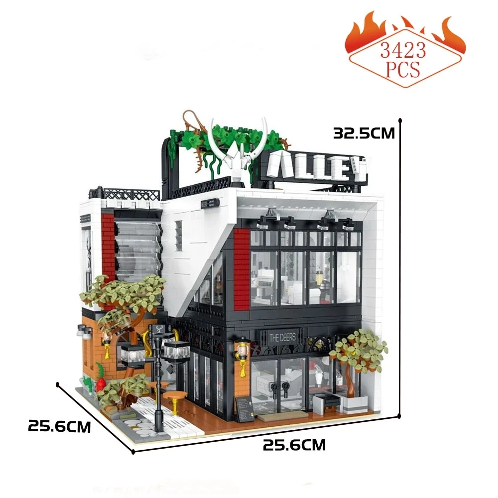 3423PCS Street View Antler Lane Cafe House Building Blocks Creative Expert Milk Tea Shop Restaurant Model Bricks Toys For Kids