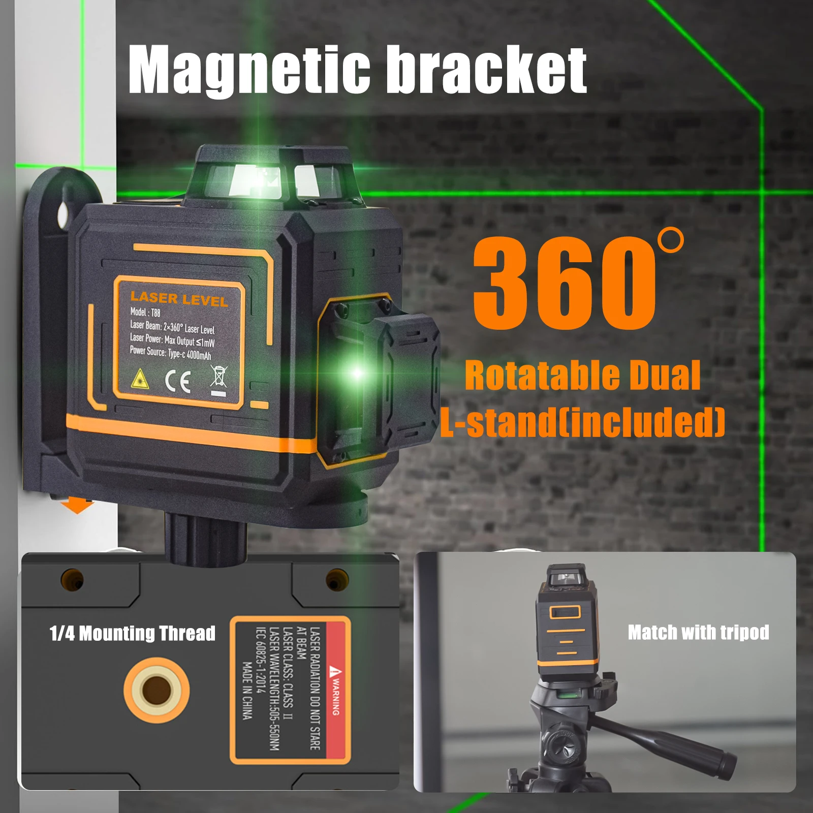 جودة عالية صغيرة 2D 360 درجة شعاع أخضر 8 خطوط مستوى ليزر دوار ذاتي التسوية