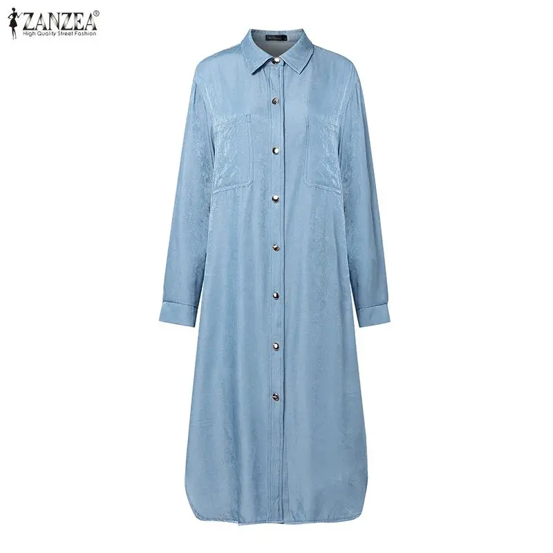 المرأة طويلة الأكمام قميص فستان 2026 الربيع نمط غير رسمي الياقات زر حتى جيوب الدنيم مثل فساتين متوسطة الطول ZANZEA ملابس امرأة #4