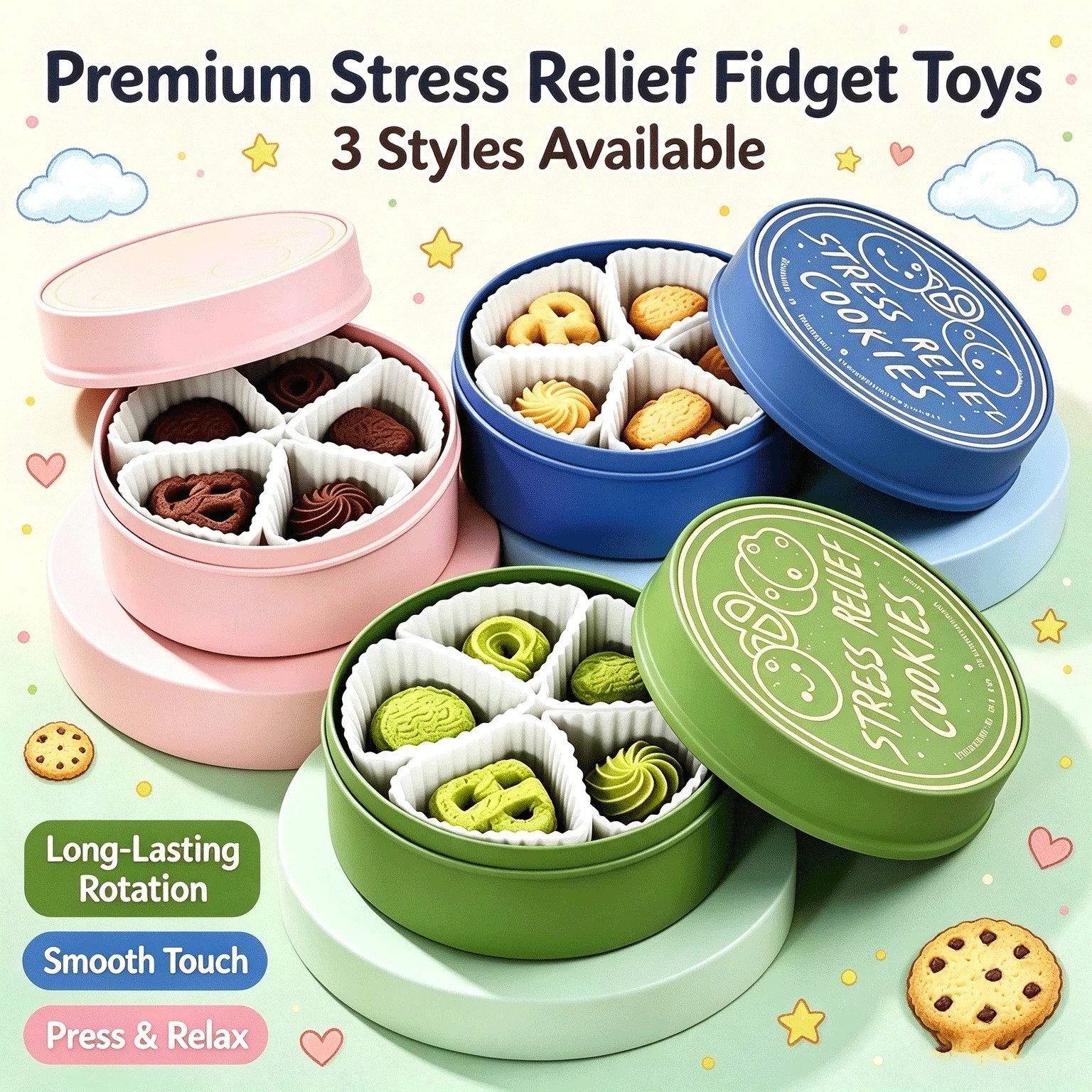 Cookie Shaped Press Spinner Fidget Clicker Toy Press Simulation Biscuit Sensory Stress Relief Toy Novelty Birthday Party Gift