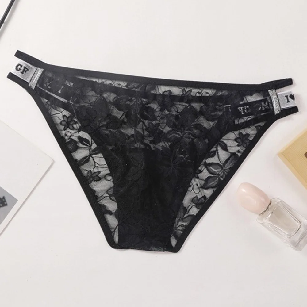 Men Lace Mesh Sheer Sissy Briefs Breathable Bulge Pouch Erotic Underwear See-through Embroidery Lace Flower  Bikinis
